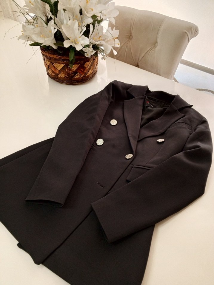 Düğmeli Siyah Kadın Midi Blazer Ceket - Görsel 2