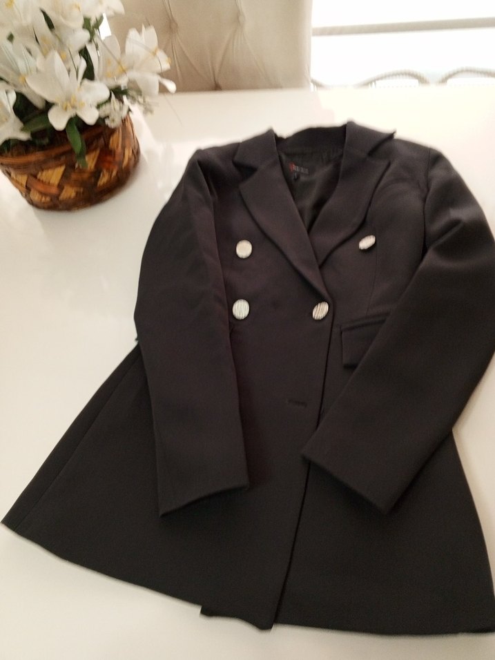 Düğmeli Siyah Kadın Midi Blazer Ceket - Görsel 3