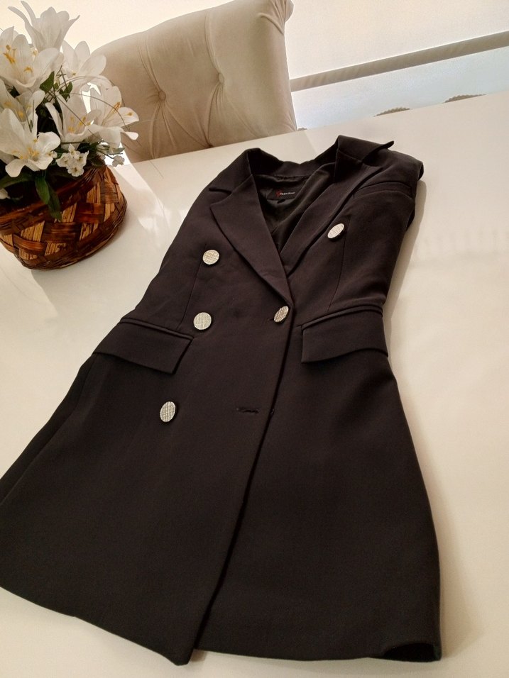 Düğmeli Siyah Kadın Midi Blazer Ceket - Görsel 5