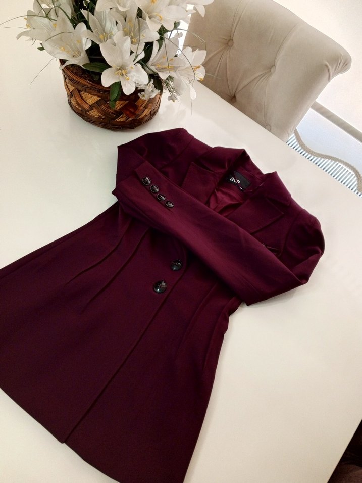 Bordo Uzun Kadın Klasik Ofis Kabanı - Görsel 3