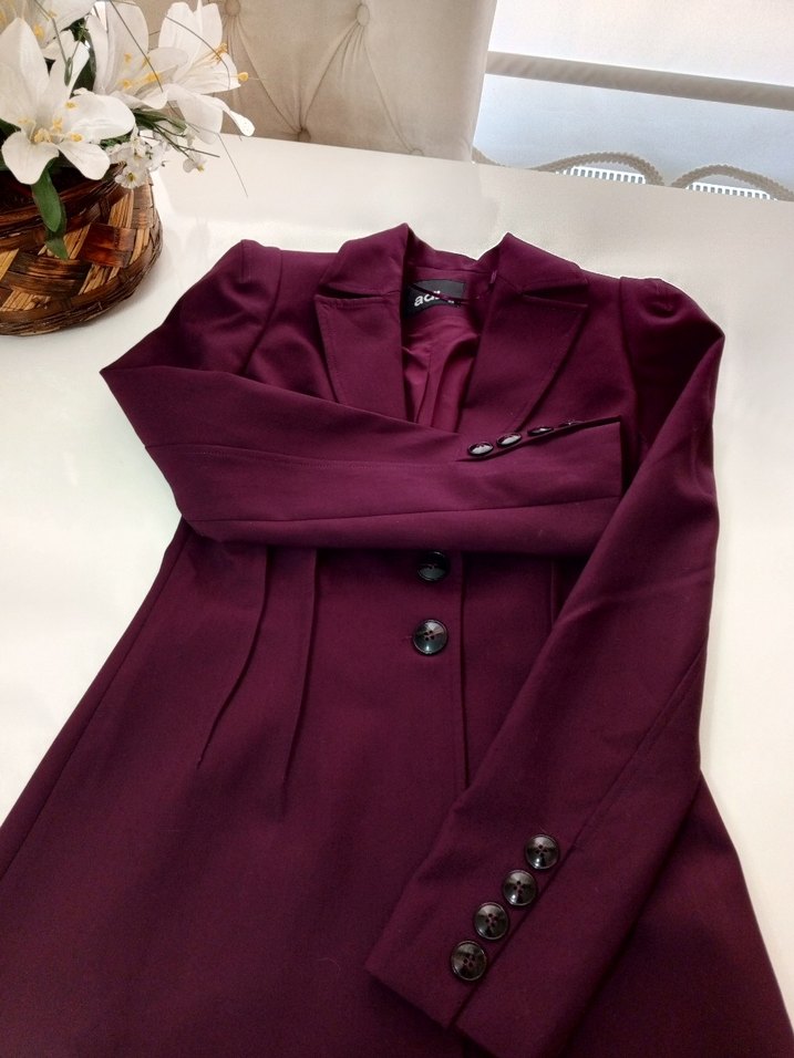 Bordo Uzun Kadın Klasik Ofis Kabanı - Görsel 5