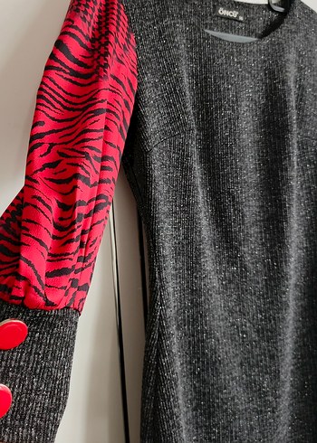 Desenli Gri Uzun Kollu Triko Elbise - Görsel 7