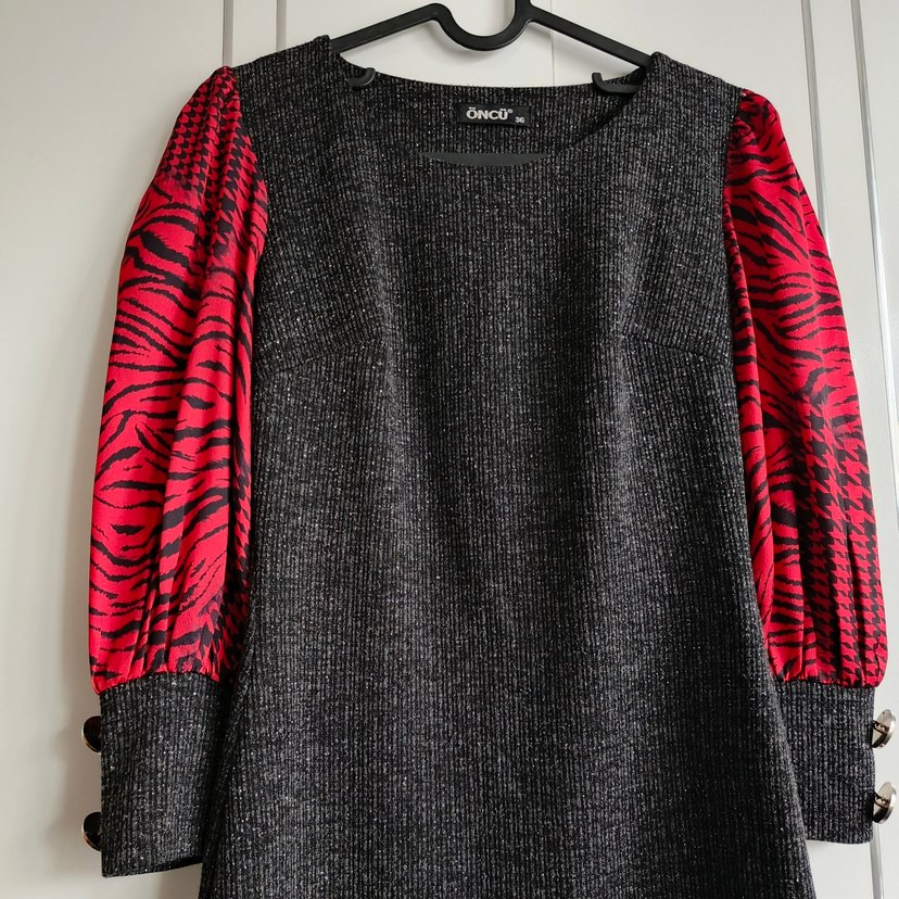 Desenli Gri Uzun Kollu Triko Elbise - Görsel 5