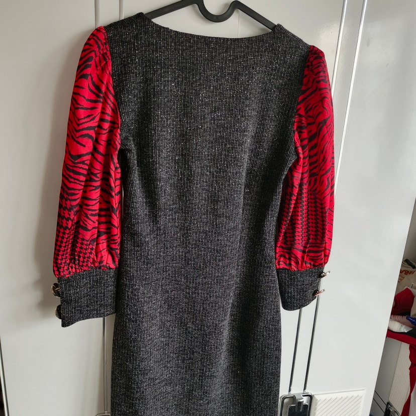 Desenli Gri Uzun Kollu Triko Elbise - Görsel 2