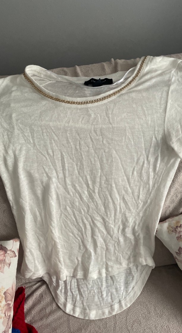 Zincir Detaylı Beyaz Keten pamuklu tişört - Görsel 2