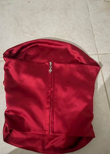 Bordo Saten Drapeli Midi Büstiyer - Görsel 2