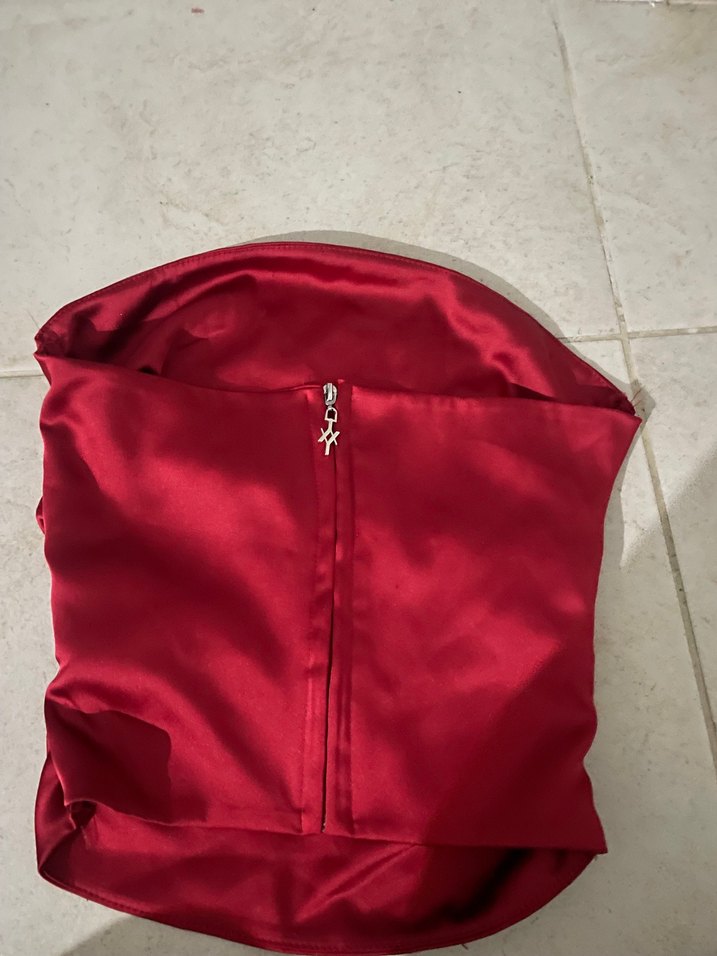 Bordo Saten Drapeli Midi Büstiyer - Görsel 2