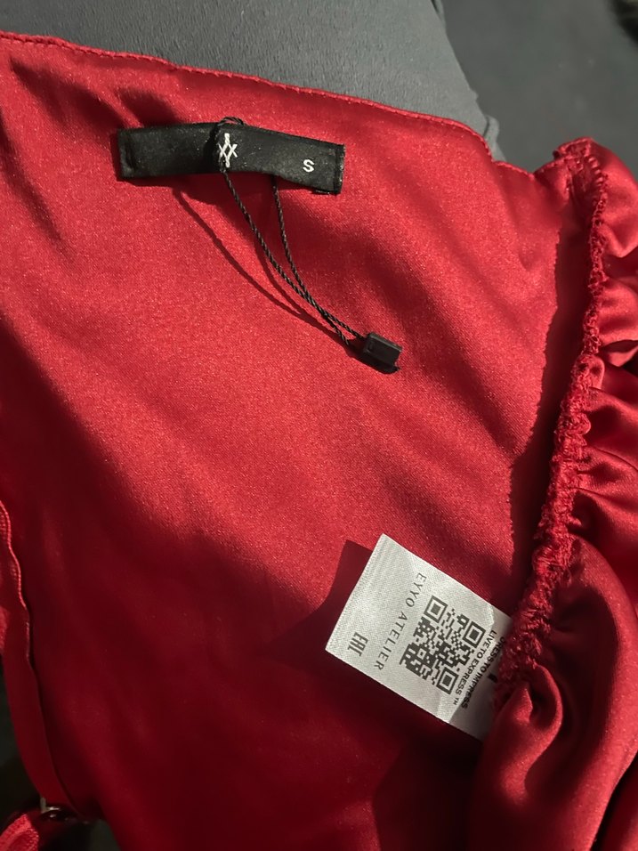 Bordo Saten Drapeli Midi Büstiyer - Görsel 3