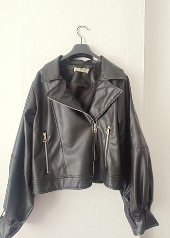 m Beden Siyah Kadın Biker Deri Ceket
