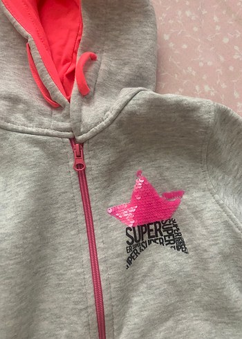 Kız Çocuk Kapüşonlu Fermuarlı Gri Sweatshirt - Görsel 2