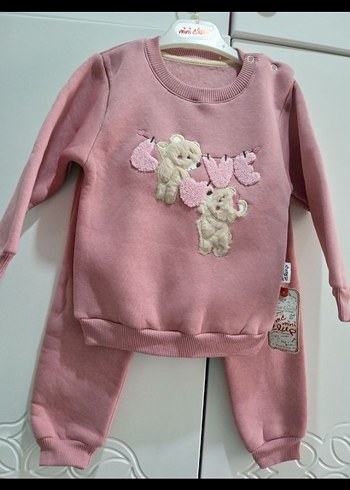 Pembe Nakışlı Örgü Bebek Kız Takımı - Görsel 2