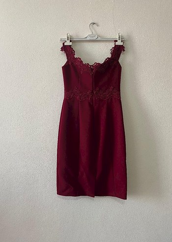 38 Beden Bordo Dantelli Midi Abiye Elbise