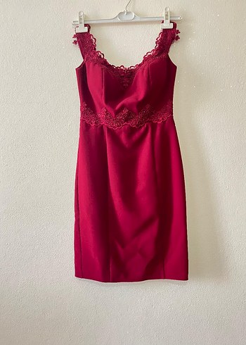 Bordo Dantelli Midi Abiye Elbise