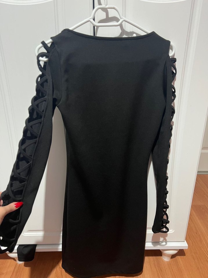 Siyah kol çapraz detaylı Mini Gotik Elbise - Görsel 5