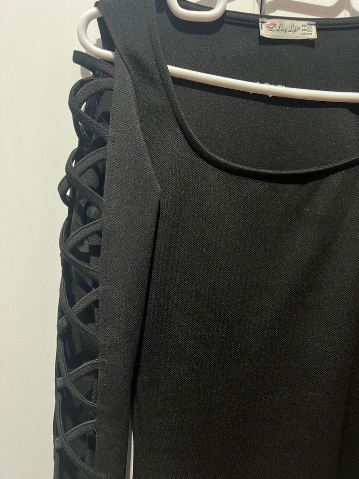 Siyah kol çapraz detaylı Mini Gotik Elbise - Görsel 4