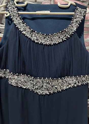 Nakışlı, Pilili, Lacivert Uzun Abiye Elbise - Görsel 3