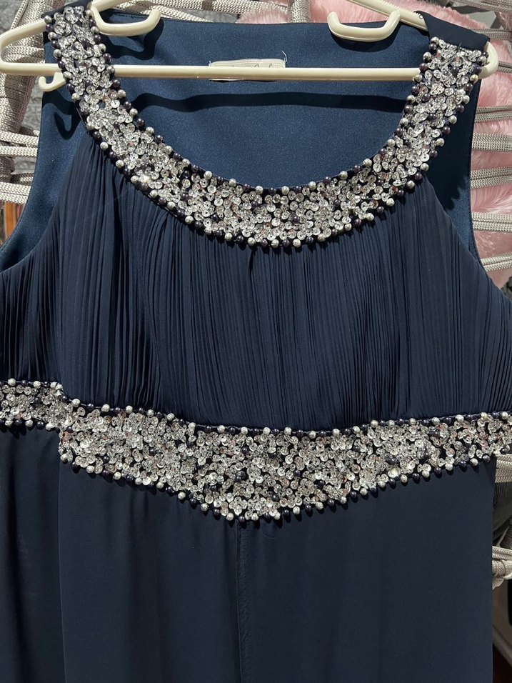 Nakışlı, Pilili, Lacivert Uzun Abiye Elbise - Görsel 3