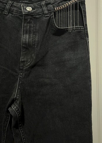 Kadın Siyah zincir taş detaylı Jean - Görsel 5