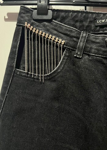 Kadın Siyah zincir taş detaylı Jean - Görsel 3
