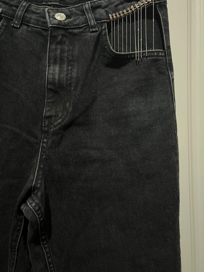 Kadın Siyah zincir taş detaylı Jean - Görsel 5