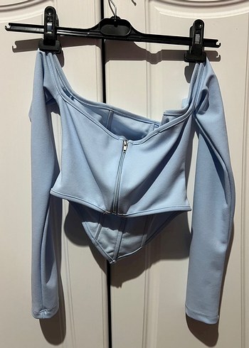 Mavi Straplez Uzun Kollu Denim Bluz - Görsel 5