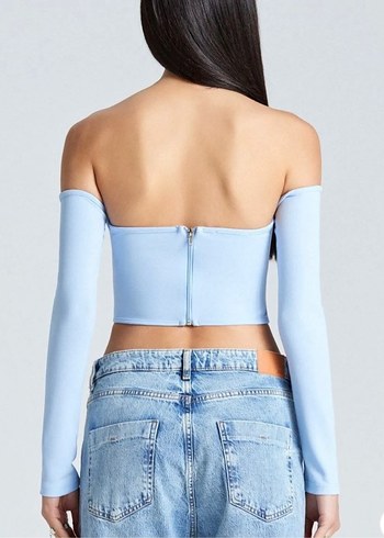 Mavi Straplez Uzun Kollu Denim Bluz - Görsel 3