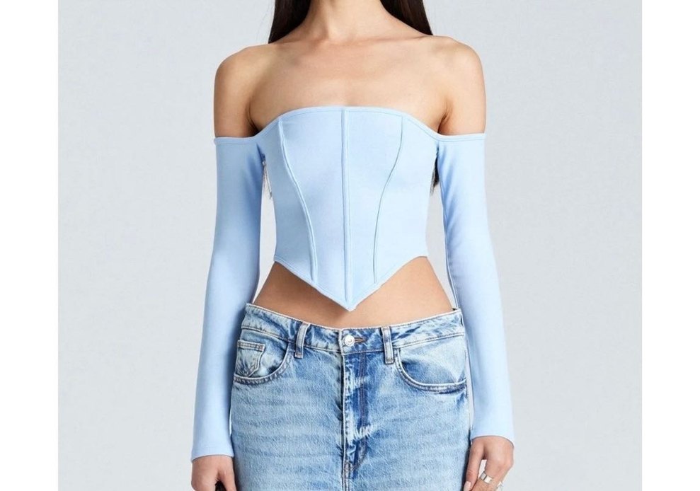 Mavi Straplez Uzun Kollu Denim Bluz - Görsel 2