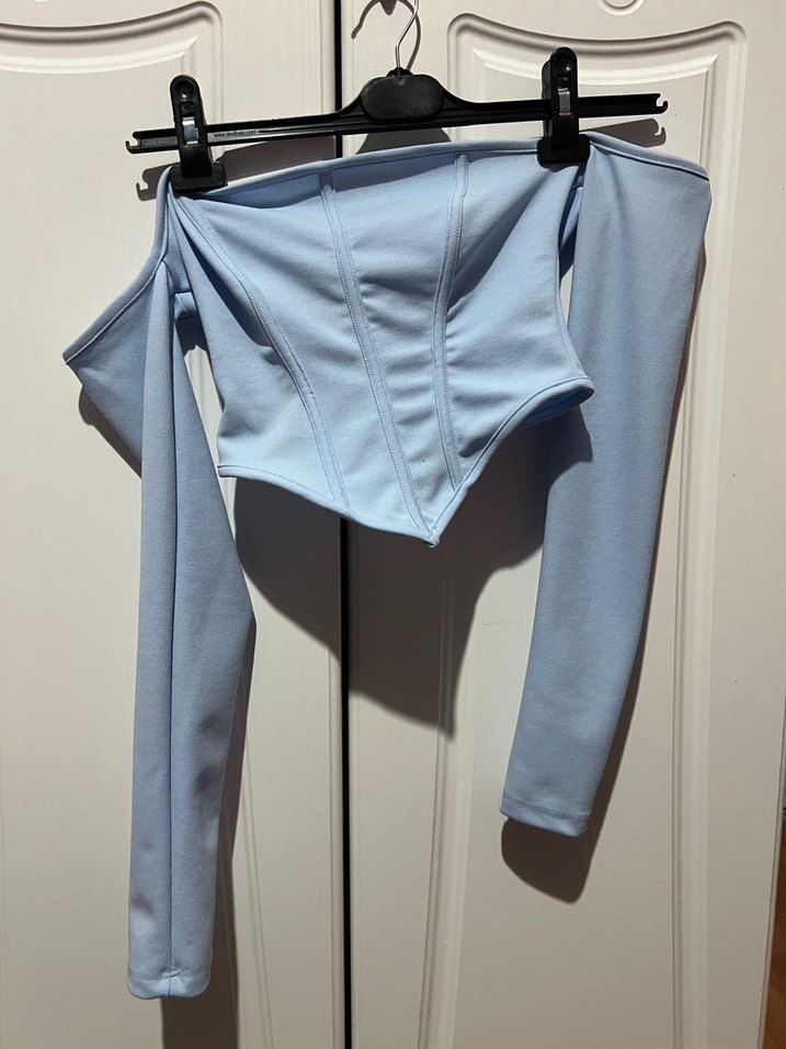 Mavi Straplez Uzun Kollu Denim Bluz - Görsel 4