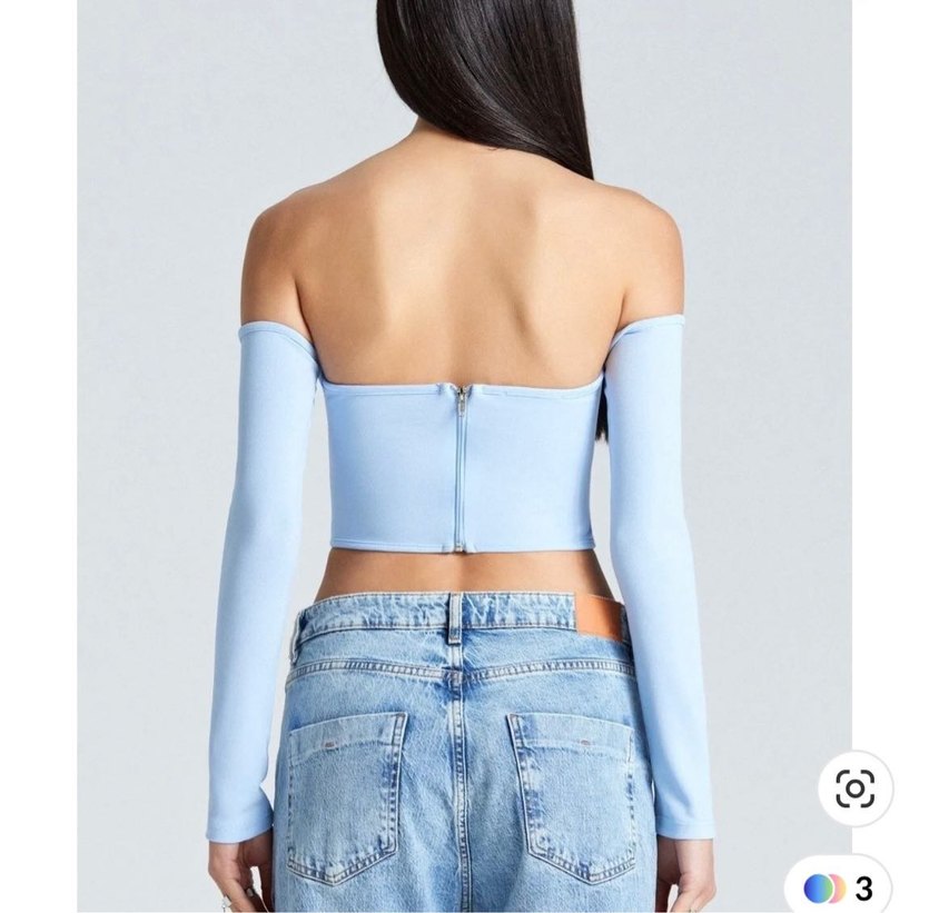 Mavi Straplez Uzun Kollu Denim Bluz - Görsel 3