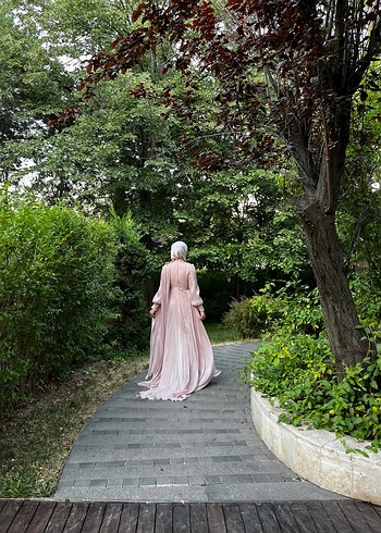 38 Beden pembe Renk Drapeli Uzun Pudra Pembe Tesettür Abiye Elbise