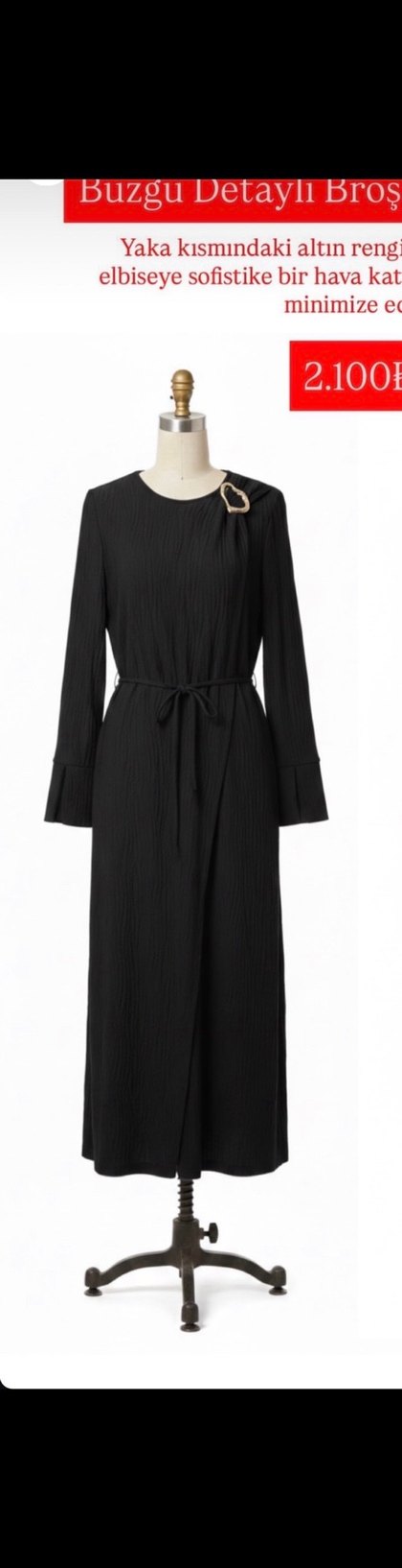 Büzgü detaylı broşlu uzun elbise - Görsel 2