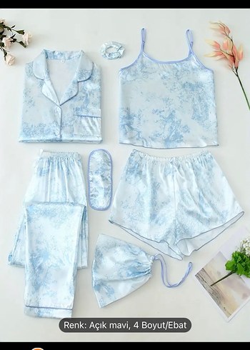 Açık Mavi Bağlama Desenli Bohem Kadın Pijama Takımı