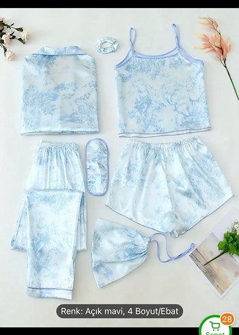 Diğer Açık Mavi Bağlama Desenli Bohem Kadın Pijama Takımı