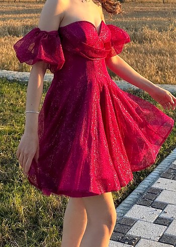 Bordo Mini Dantel Detaylı Straplez Abiye Elbise - Görsel 2