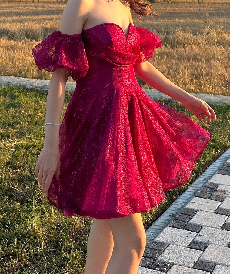 Bordo Mini Dantel Detaylı Straplez Abiye Elbise - Görsel 2