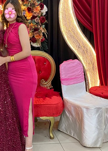 Pembe Yüksek Yakalı Drapeli Uzun Elbise - Görsel 3