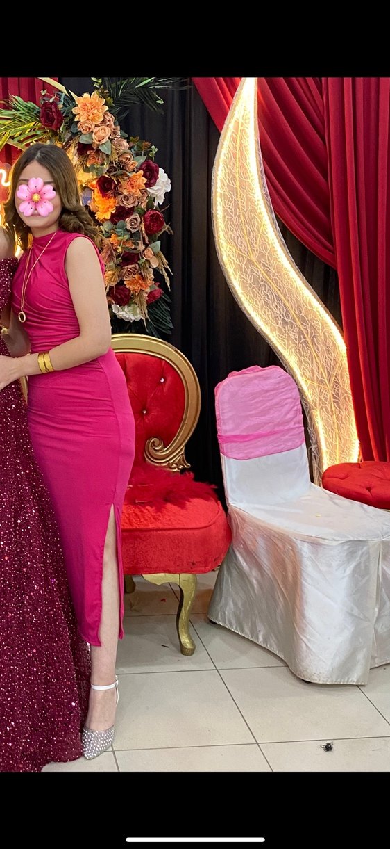 Pembe Yüksek Yakalı Drapeli Uzun Elbise - Görsel 3