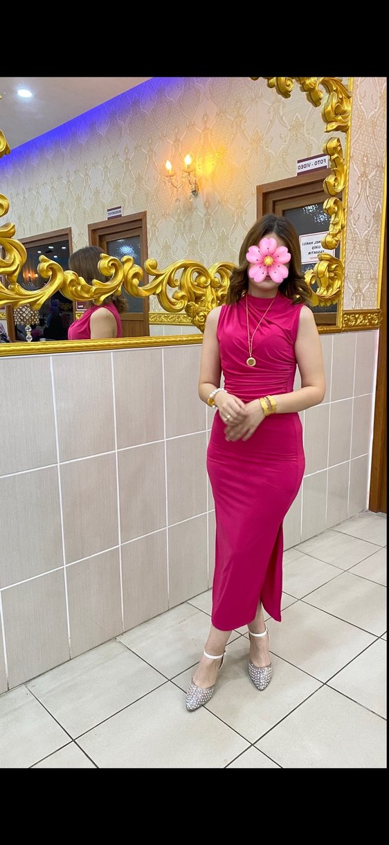 Pembe Yüksek Yakalı Drapeli Uzun Elbise - Görsel 4