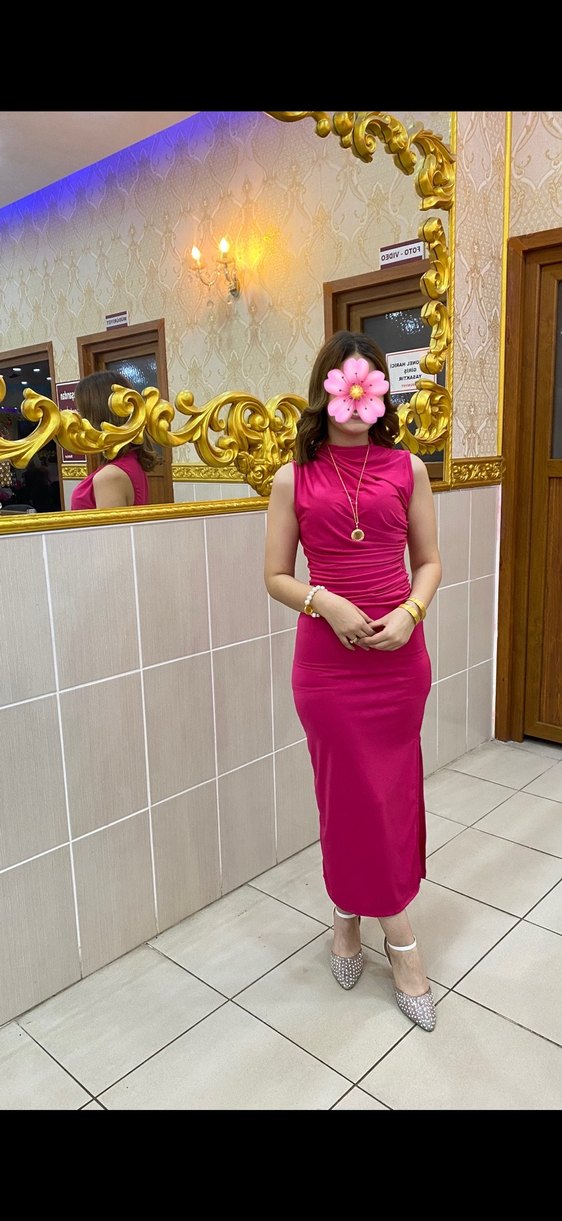 Pembe Yüksek Yakalı Drapeli Uzun Elbise - Görsel 2