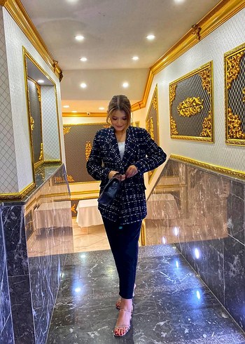 Düğmeli Siyah Kareli Midi Blazer - Görsel 3