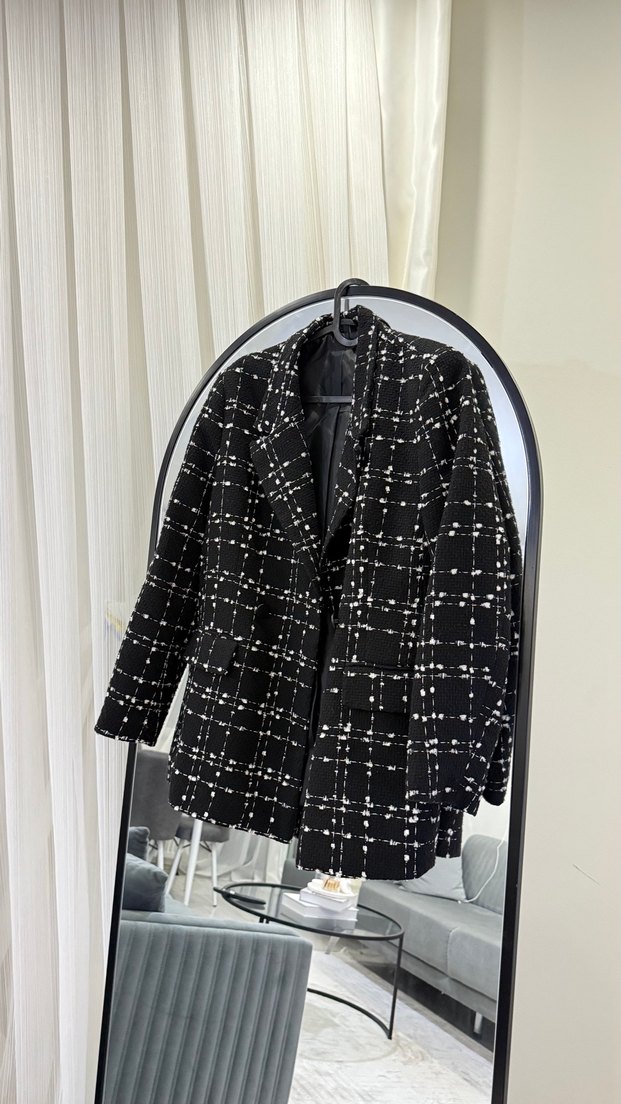 Düğmeli Siyah Kareli Midi Blazer - Görsel 2