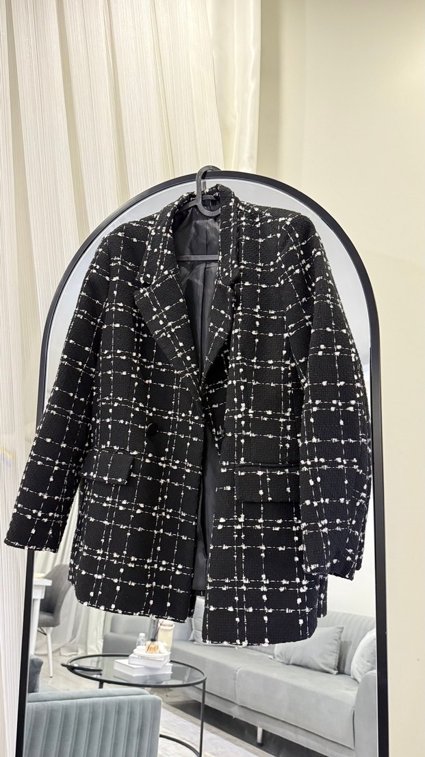 Düğmeli Siyah Kareli Midi Blazer - Görsel 4