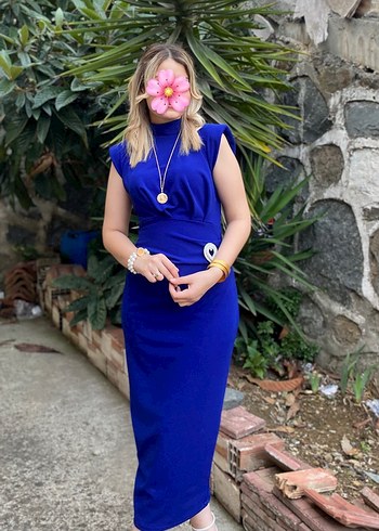 Drapeli Mavi Yüksek Yaka Uzun Elbise - Görsel 3