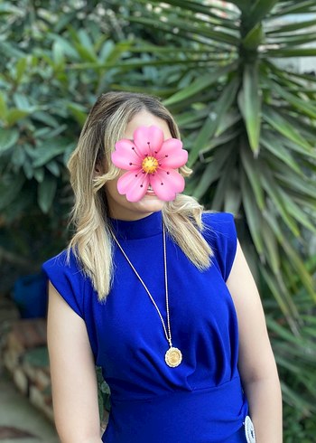 Drapeli Mavi Yüksek Yaka Uzun Elbise - Görsel 2