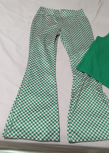 Yeşil Kareli Kadın İspanyol Paça takım - Görsel 2