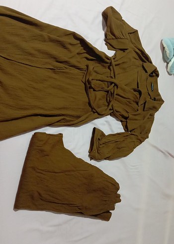 Kadın Kahverengi Keten Uzun Kollu tunik takım - Görsel 2