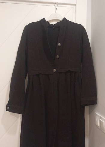 Düğmeli Uzun Kahverengi Kadın Keten dış giyim - Görsel 2