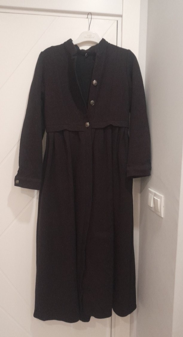 Düğmeli Uzun Kahverengi Kadın Keten dış giyim - Görsel 3