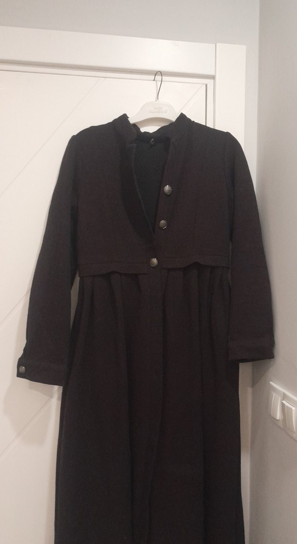 Düğmeli Uzun Kahverengi Kadın Keten dış giyim - Görsel 2