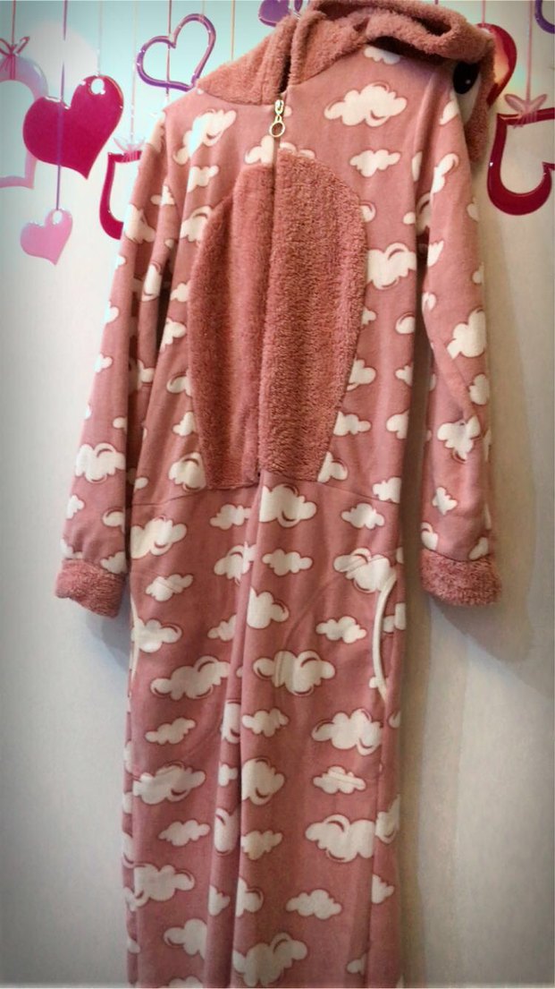 Pembe Bulut Desenli Kapüşonlu Kadın Tulum - Görsel 2